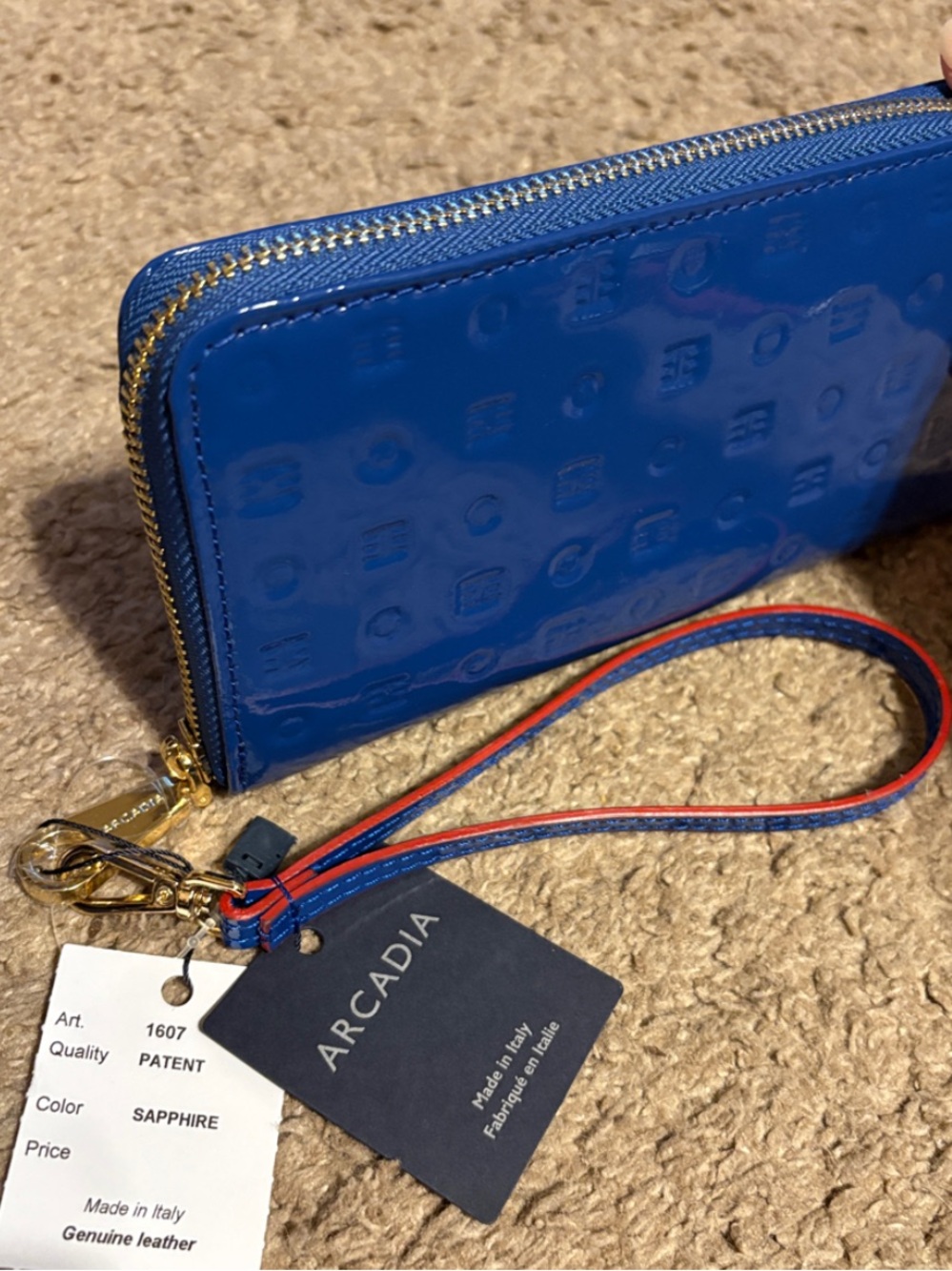 NWT-Arcadia-Zip Around Continental Wallet-Embossed Logo-Patent Leather-Sapphire - Picture 6 of 16